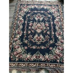 VTG Rose Floral Tapestry Blanket  Throw Boho Grandma Cottagecore Navy Red